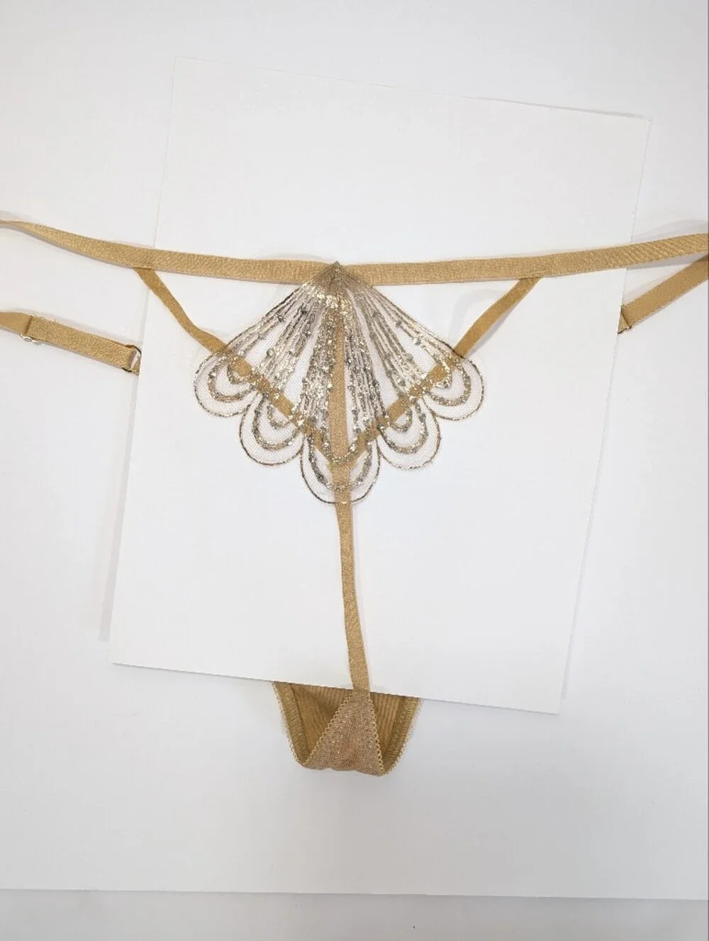 Victoria's Secret Very Sexy Showgirl V String Thong Large Embroidery Panty gold